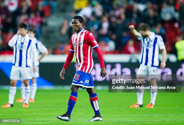 Daniel Ndi of Real Sporting de Gijon celebrates after scoring his team's second goal during the La Liga match between Real Sporting de Gijon and Real...