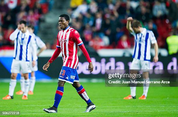 Daniel Ndi of Real Sporting de Gijon celebrates after scoring his team's second goal during the La Liga match between Real Sporting de Gijon and Real...