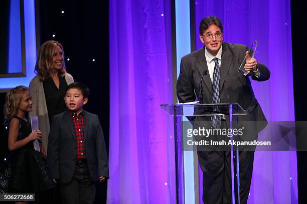 Casting director Gene Vassilaros speaks onstage during the Casting Society Of America's 31st Annual Artios Awards at The Beverly Hilton Hotel on...