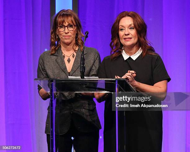 Casting directors Sharon Bialy and Sherry Thomas speak onstage during the Casting Society Of America's 31st Annual Artios Awards at The Beverly...