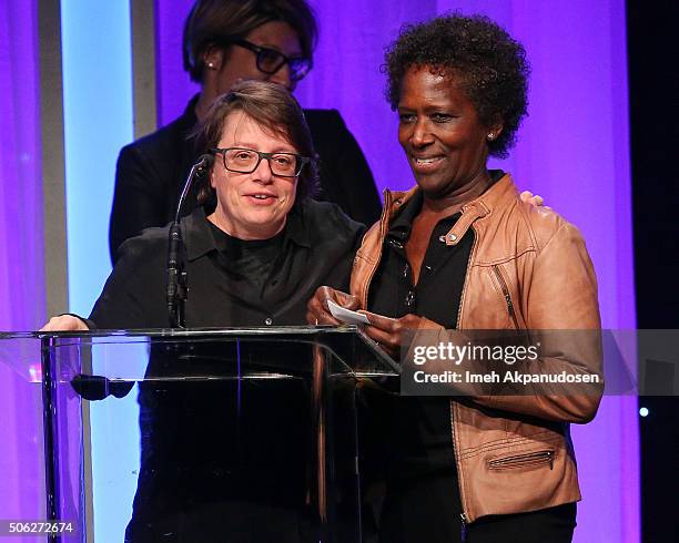 Casting directors Cindy Tolan and Victoria Thomas speak onstage during the Casting Society Of America's 31st Annual Artios Awards at The Beverly...