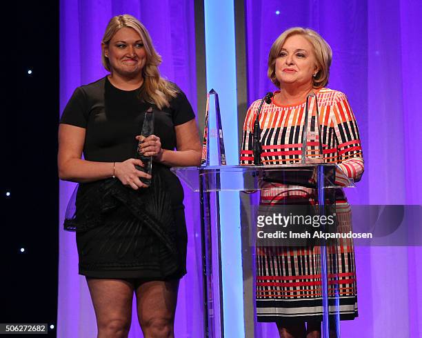 Casting directors Nancy Mosser and Katie Shenot speak onstage during the Casting Society Of America's 31st Annual Artios Awards at The Beverly Hilton...