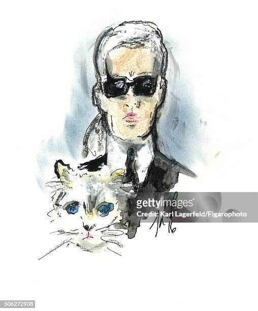 Illustration of Karl Lagerfeld with his cat Choupette is photographed for Madame Figaro on November 18, 2015 in Paris, France. PUBLISHED IMAGE....