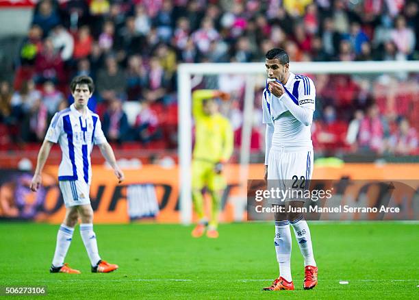 Jonathas Cristian de Jesus of Real Sociedad de Futbol reacts during the La Liga match between Real Sporting de Gijon and Real Sociedad de Futbol at...