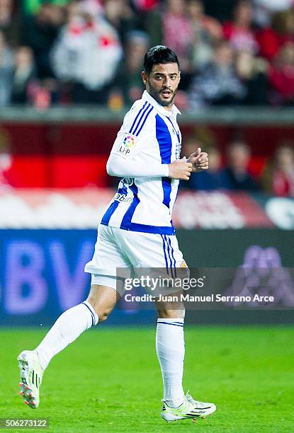 Carlos Vela of Real Sociedad de Futbol celebrates after scoring goal during the La Liga match between Real Sporting de Gijon and Real Sociedad de...