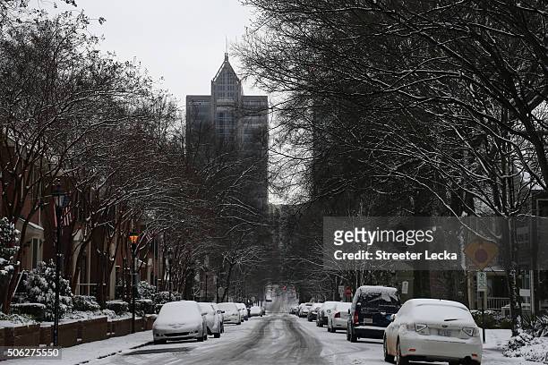View of empty streets due to the snow near Uptown Charlotte on January 22, 2016 in Charlotte, North Carolina. A major snowstorm is forecasted for the...