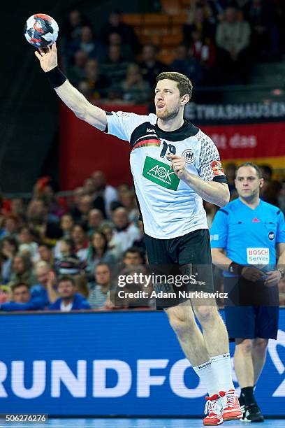 Martin Strobel of Germany controls the ball during the Men's EHF Handball European Championship 2016 match between Germany and Hungary at Centennial...