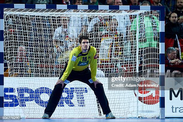 Goalkeeper Carsten Lichtlein of Germany watches at the ball during the Men's EHF Handball European Championship 2016 match between Germany and...