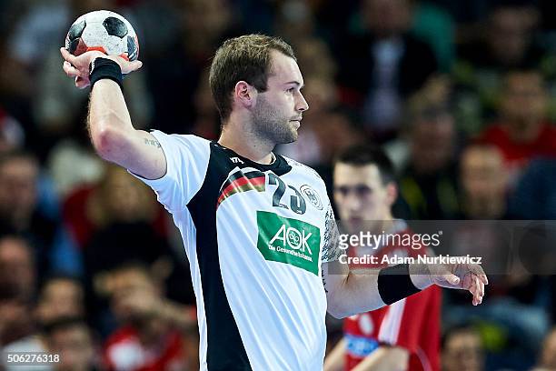 Steffen Fath of Germany controls the ball during the Men's EHF Handball European Championship 2016 match between Germany and Hungary at Centennial...