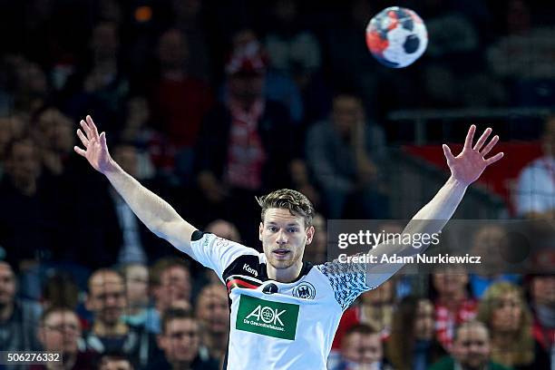 Tobias Reichmann of Germany watches the ball during the Men's EHF Handball European Championship 2016 match between Germany and Hungary at Centennial...