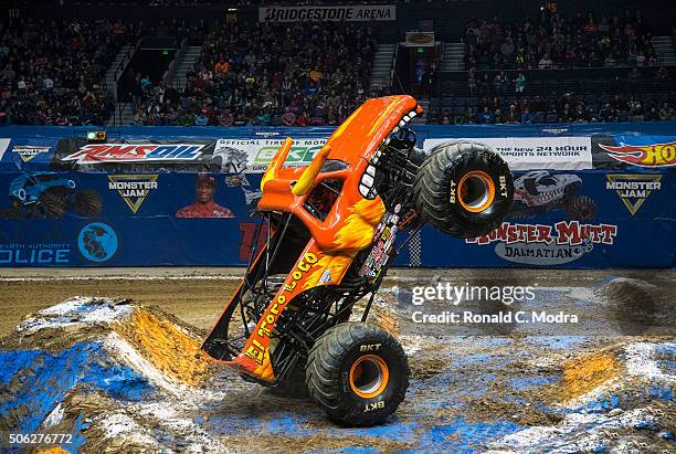 Mark List drives El Toro Loco during Monster Jam competition at Bridgestone Arena on January 10, 2016 in Nashville, Tennessee.