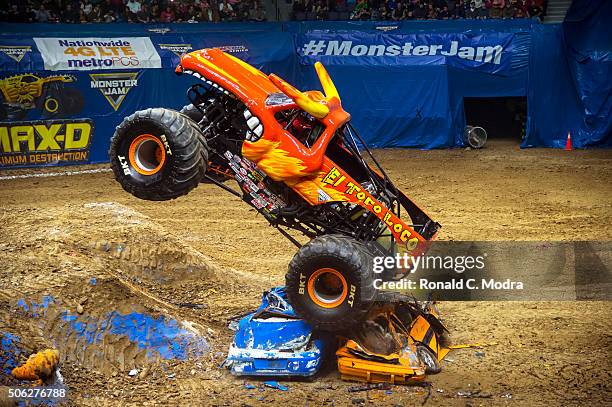 Mark List drives El Toro Loco during Monster Jam competition at Bridgestone Arena on January 10, 2016 in Nashville, Tennessee.