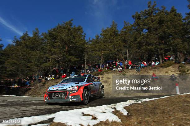 Daniel Sordo of Spain and Marc Marti of Spain compete in their Hyundai Motorsport Hyundai i20 WRC during Day Two of the WRC Monte Carlo on January...