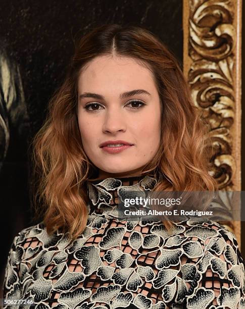 Actress Lily James attends Screen Gem's "Pride and Prejudice and Zombies" photo call at The London Hotel on January 22, 2016 in West Hollywood,...