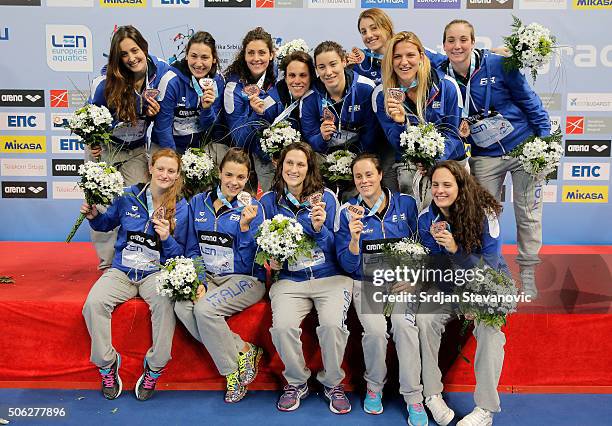 Players of Italy pose with the Bronze medal during the Women's Medal ceremony at the Waterpolo European Championships in Belgrade Kombank Arena on...