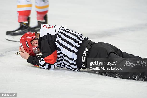 Referee Maksim Cepik during the DEL game between the Eisbaeren Berlin and Duesseldorfer EG on January 22, 2016 in Berlin, Germany.