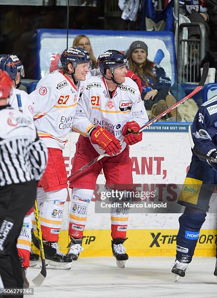 Bernhard Ebner and Chris Minard of the Duesseldorfer EG during the DEL game between the Eisbaeren Berlin and Duesseldorfer EG on January 22, 2016 in...