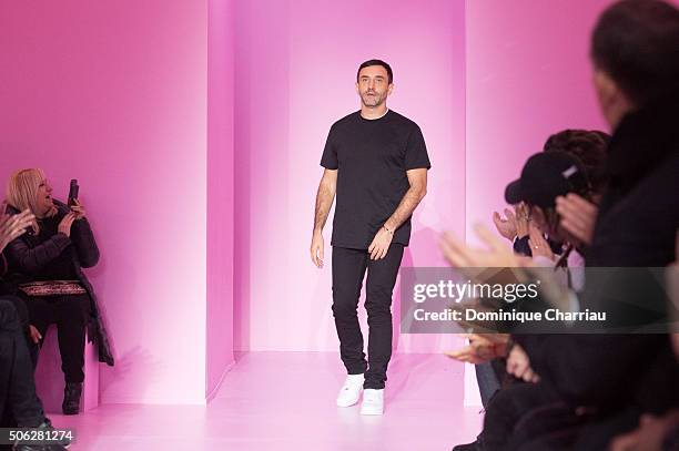 Designer Riccardo Tisci walks the runway during the Givenchy Menswear Fall/Winter 2016-2017 show as part of Paris Fashion Week on January 22, 2016 in...