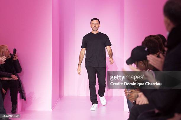 Designer Riccardo Tisci walks the runway during the Givenchy Menswear Fall/Winter 2016-2017 show as part of Paris Fashion Week on January 22, 2016 in...
