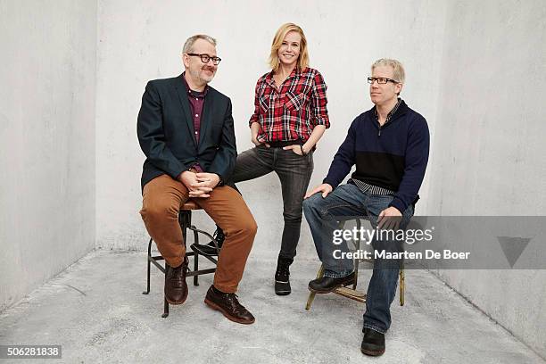 Executive producer Morgan Neville, actress/comedian Chelsea Handler and executive producer Eddie Schmidt from the show "Chelsea Does" poses for a...