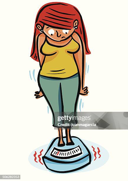 fat frau vor ihrem gewicht auf einer skala vor abnehmen - frustration stock-grafiken, -clipart, -cartoons und -symbole