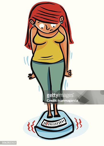 illustrazioni stock, clip art, cartoni animati e icone di tendenza di grasso donna guardando il suo peso sulla bilancia prima dieta - voluptuous