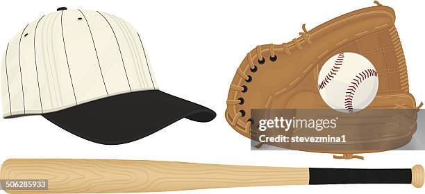 bildbanksillustrationer, clip art samt tecknat material och ikoner med bat, glove, baseball and hat - basebollhandske