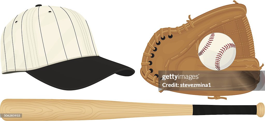 Bat, glove, baseball and hat