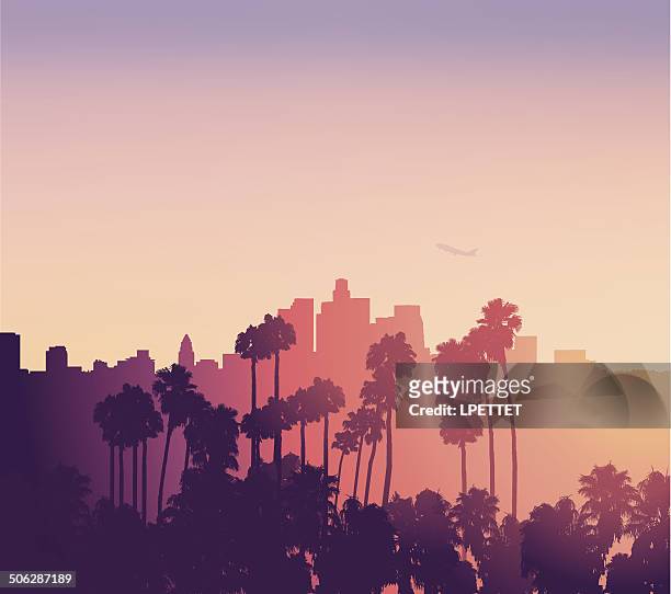 ilustraciones, imágenes clip art, dibujos animados e iconos de stock de escena del atardecer de los angeles con palmeras - los angeles california