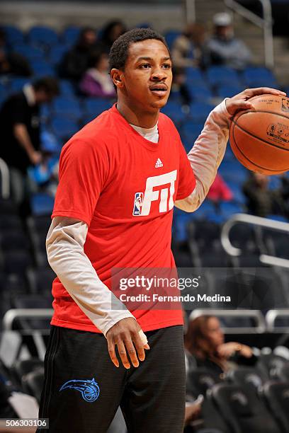 Keith Appling of the Orlando Magic warms up before the game against the Charlotte Hornets on January 22, 2016 at Amway Center in Orlando, Florida....