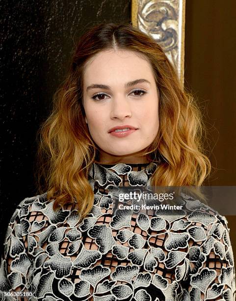 Actress Lily James poses at the Screen Gems' "Pride and Prejudice and Zombies" photo call at the London Hotel on January 22, 2016 in West Hollywood,...