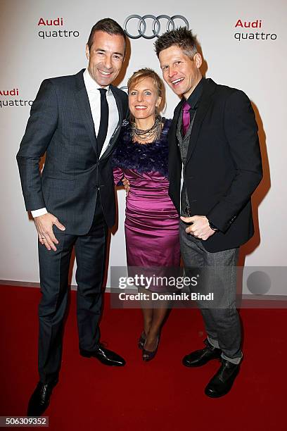 Kai Pflaume , Martina Ertl-Renz and Sven Renz attend the Audi Night 2016 at Hotel zur Tenne on January 22, 2016 in Kitzbuehel, Austria.