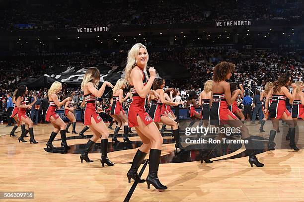 The Toronto Raptors dancers perform before the game against the Miami Heat on January 22, 2016 at Air Canada Centre in Toronto, Canada. NOTE TO USER:...