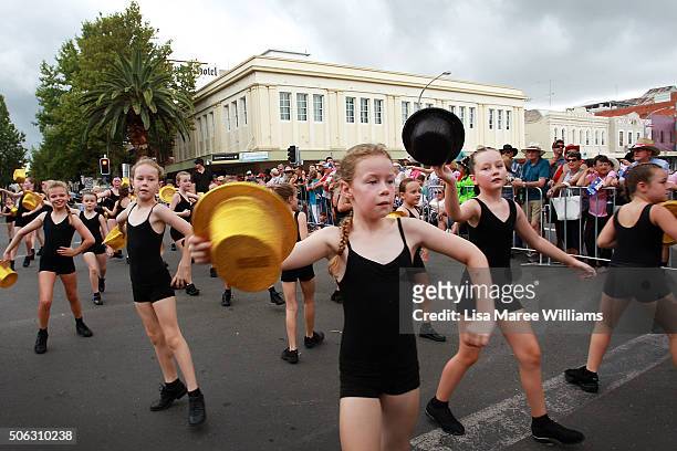Young dancers make their way along Peel Street during the Tamworth Country Music Festival Calvacade on January 23, 2016 in Tamworth, Australia. The...