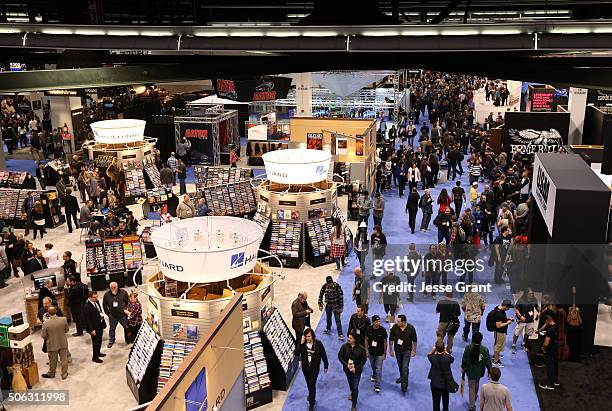 Convention goers experience the exhibits during day 2 of the 2016 NAMM Show at the Anaheim Convention Center on January 22, 2016 in Anaheim,...