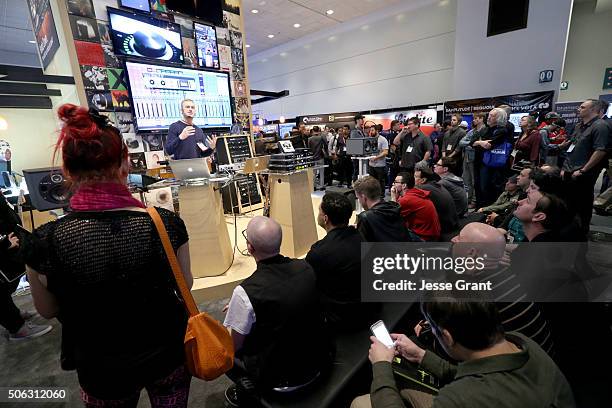 Convention goers experience the exhibits during day 2 of the 2016 NAMM Show at the Anaheim Convention Center on January 22, 2016 in Anaheim,...