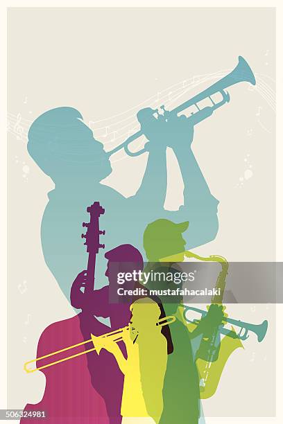 ilustraciones, imágenes clip art, dibujos animados e iconos de stock de coloridos jazz band - musical note