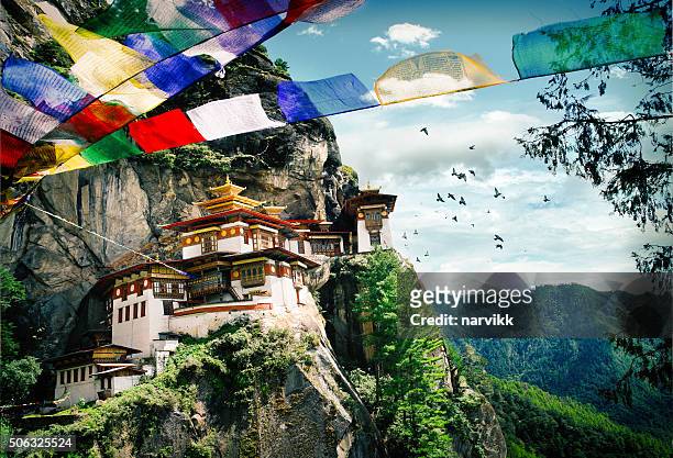 tiger's nest monastery in bhutan - himalayas stockfoto's en -beelden