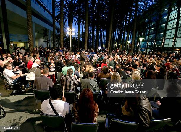 Convention goers participate in the drum circle during day 2 of the 2016 NAMM Show at the Anaheim Convention Center on January 22, 2016 in Anaheim,...