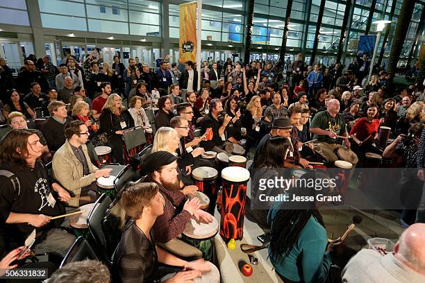 Convention goers participate in the drum circle during day 2 of the 2016 NAMM Show at the Anaheim Convention Center on January 22, 2016 in Anaheim,...