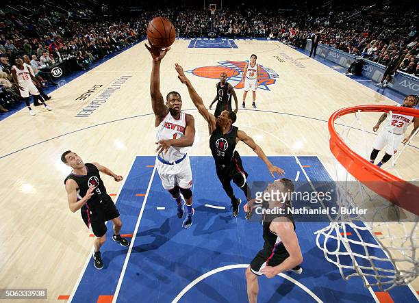 Kevin Seraphin of the New York Knicks shoots against the Los Angeles Clippers during the game on January 22, 2016 at Madison Square Garden in New...