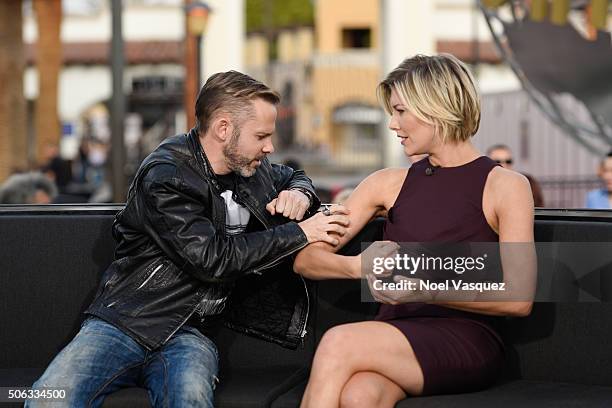 Dominic Monaghan and Charissa Thompson visit "Extra" at Universal Studios Hollywood on January 22, 2016 in Universal City, California.