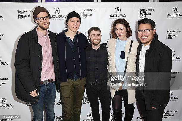 Daniel Scheinert, Paul Dano, Daniel Radcliffe, Mary Elizabeth Winstead and Dan Kwan arrive at "Swiss Army Man" Premiere Party at The Acura Studio at...