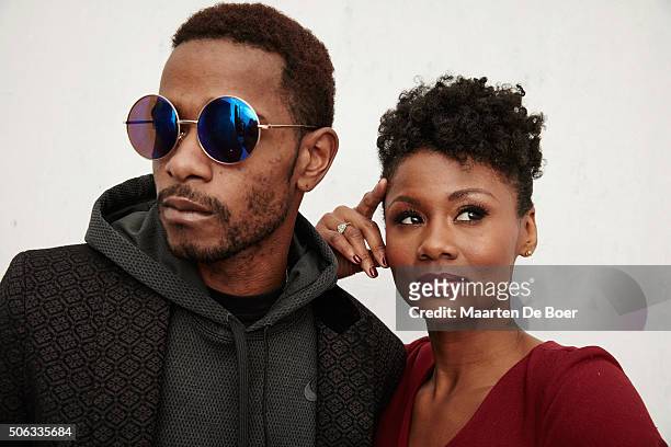 Actors Keith Stanfield and Emayatzy Corinealdi from the film "Miles Ahead" pose for a portrait during the Getty Images Portrait Studio hosted by...