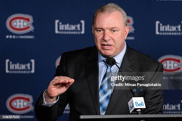 Head coach Michel Therrien of the Montreal Canadiens speaks with media during the NHL game against the Boston Bruins at the Bell Centre on January...