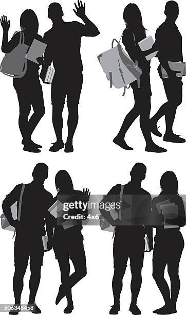 students in various actions - student backpack walking stock illustrations