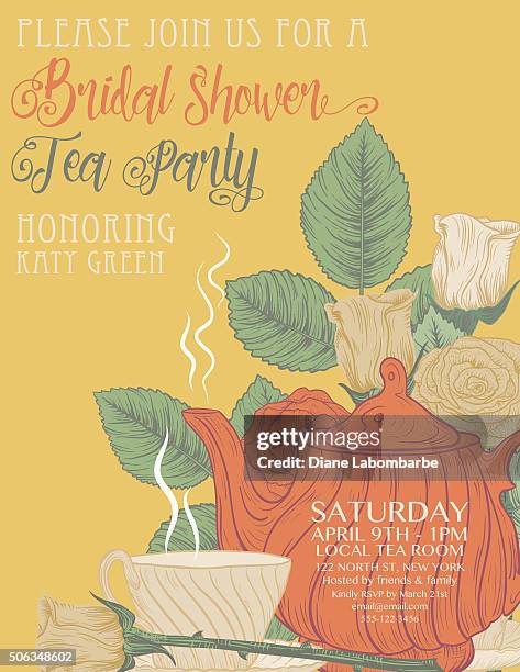 botanical roses tea party bridal shower template - tea party stock illustrations