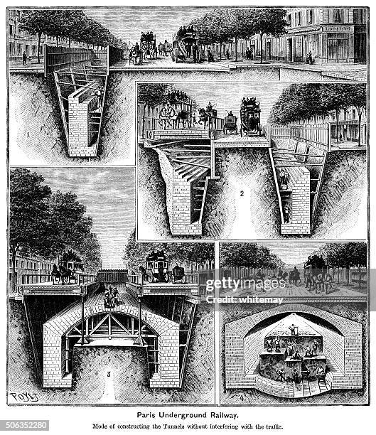 constructing the paris underground railway - paris metro stock illustrations