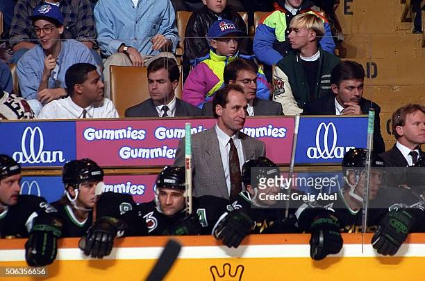 Coach Bob Gainey of the Minnesota North Stars patrols behind the bench against the Toronto Maple Leafs at Maple Leaf Gardens in Toronto, Ontario,...