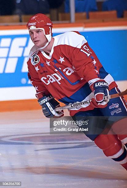 Randy Burridge of the Washington Capitals skates in warmup prior to a game against the Toronto Maple Leafs at Maple Leaf Gardens in Toronto, Ontario,...